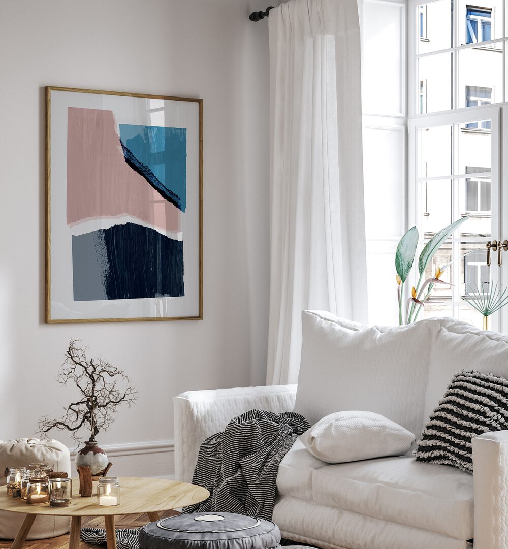 Pieces I By Mareike Bohmer Abstract Art Abstract Paintings in Oak Wood Plain Frame placed on a White Colored Wall near a White Sofa in the Living Room