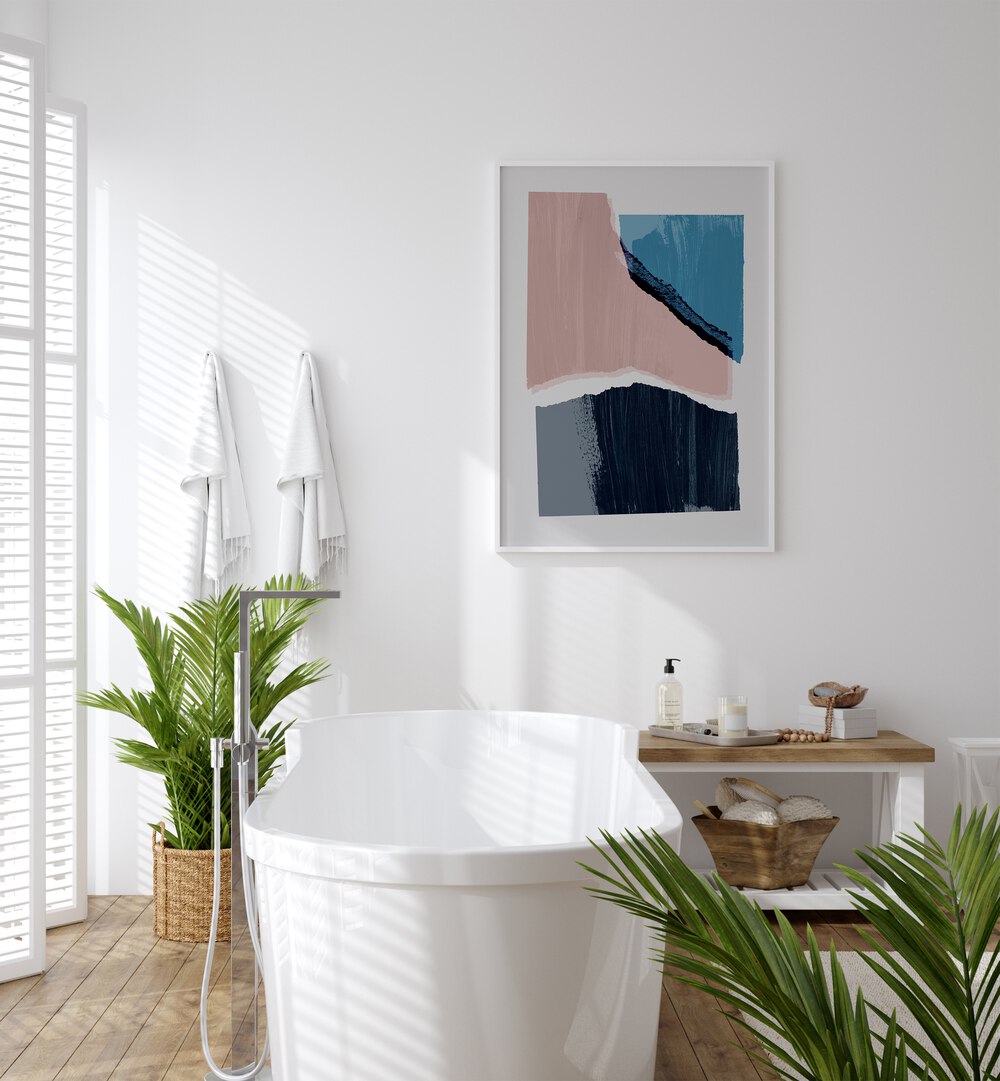 Pieces I By Mareike Bohmer Abstract Art Abstract Paintings in White Plain Frame placed on a White Colored Wall near a Bathtub in the Bathroom