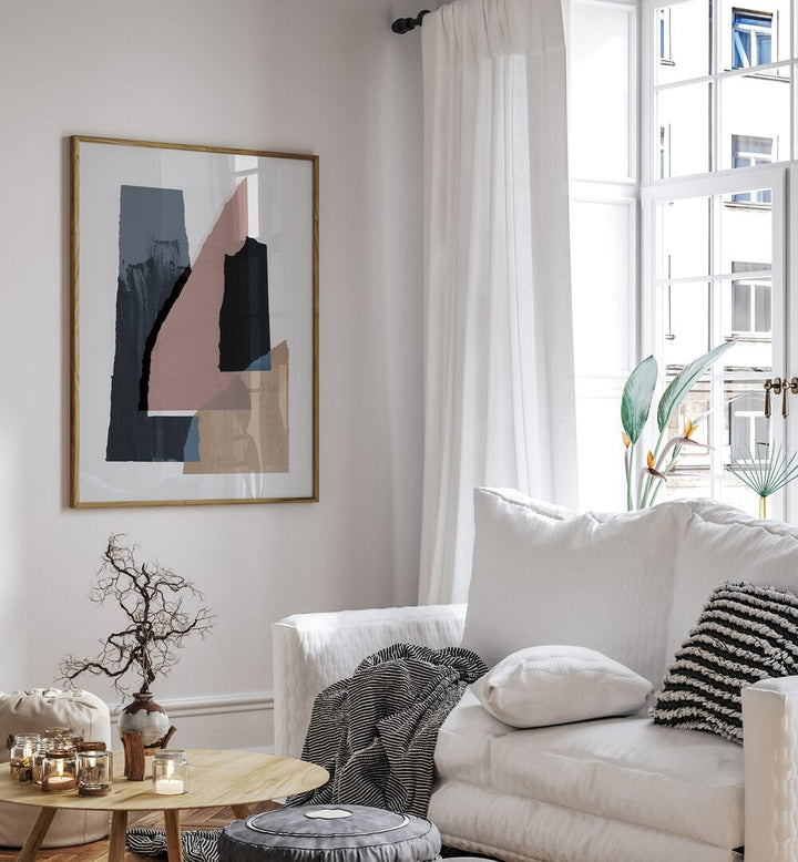 Pieces II By Mareike Bohmer Abstract Art Abstract Paintings in Oak Wood Plain Frame placed on a White Colored Wall near a White Sofa in the Living Room