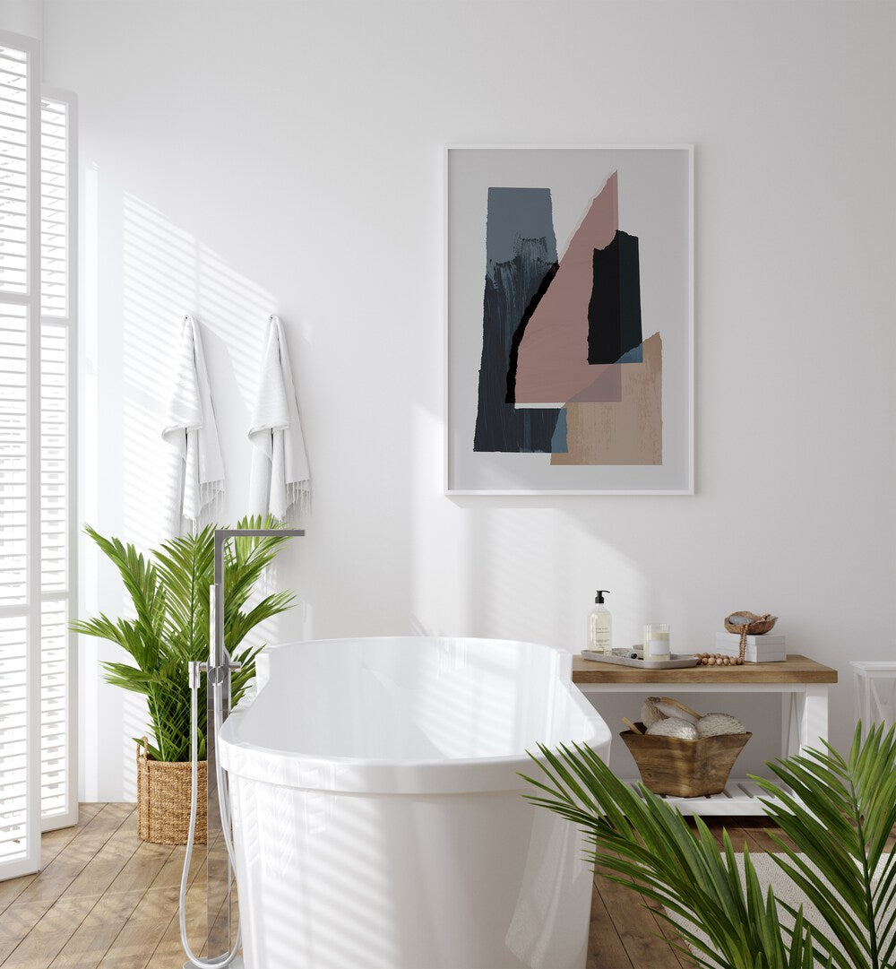 Pieces II By Mareike Bohmer Abstract Art Abstract Paintings in White Plain Frame placed on a White Colored Wall near a Bathtub in the Bathroom