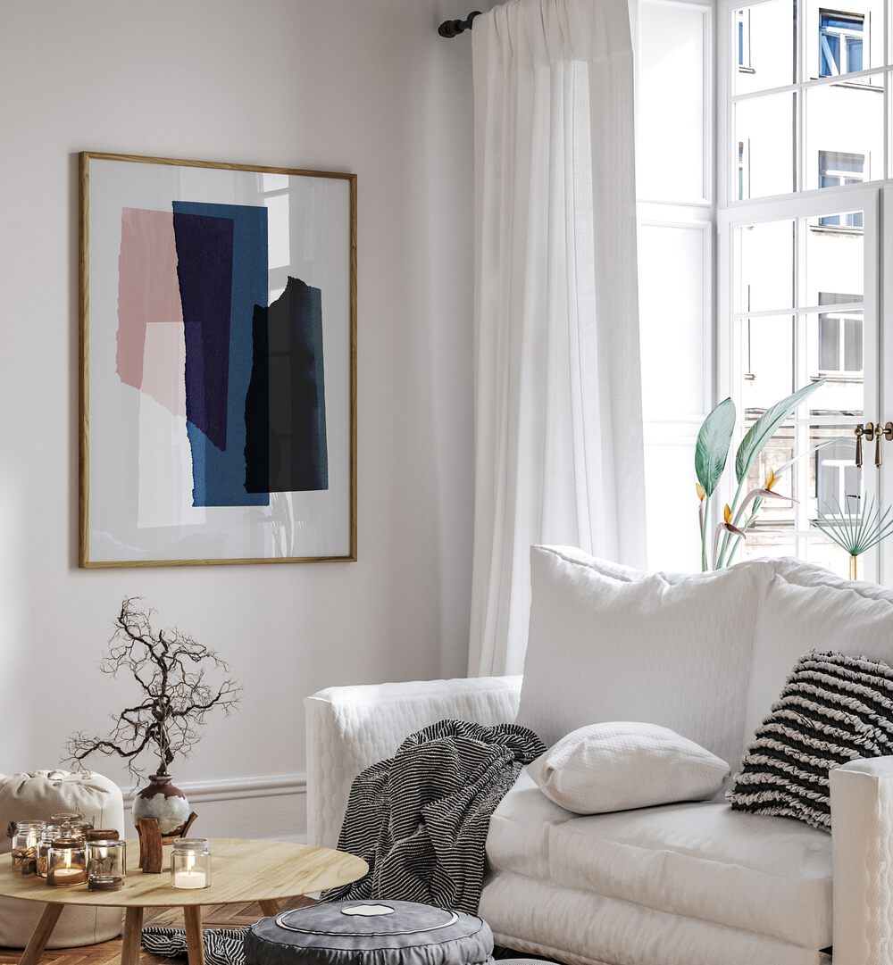 Pieces III By Mareike Bohmer Abstract Art Abstract Paintings in Oak Wood Plain Frame placed on a White Colored Wall near a White Sofa  in the Living Room