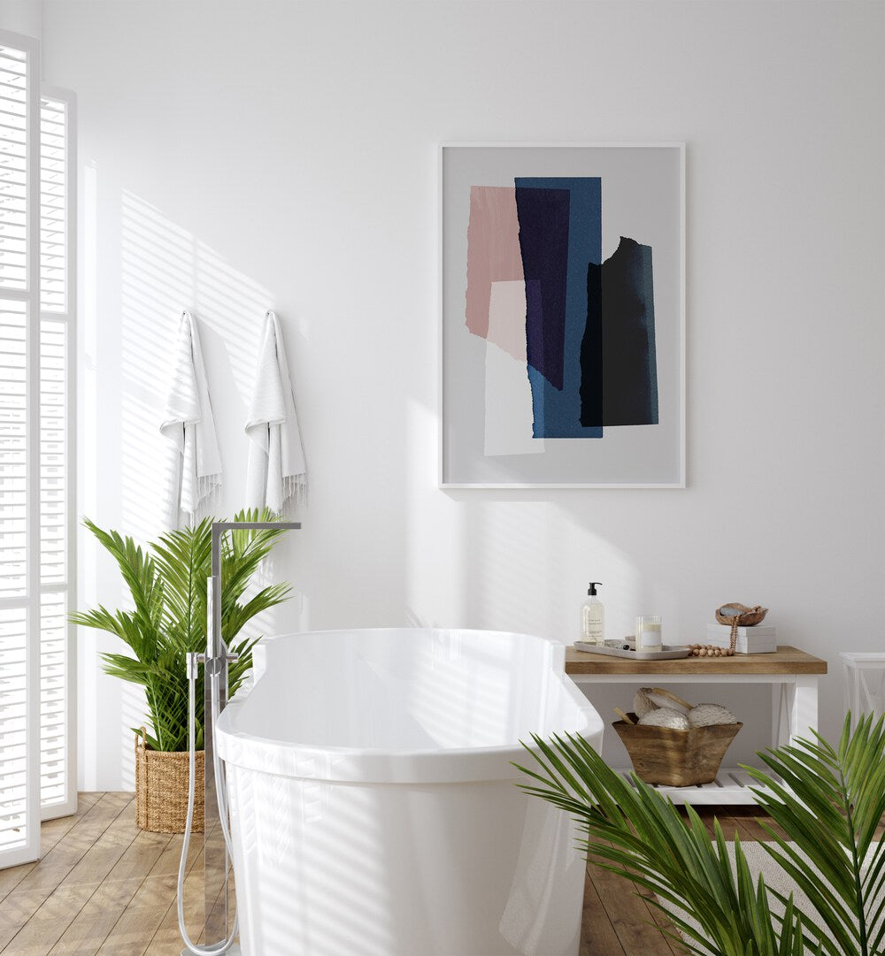 Pieces III By Mareike Bohmer Abstract Art Abstract Paintings in White Plain Frame placed on a White Colored Wall near a Bathtub in the Bathroom