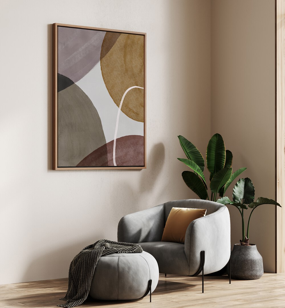 Pieces In Motion By Mareike Bohmer Abstract Art Abstract Paintings in Oak Wood Floater Frame placed on a Beige Colored Wall in the Drawing Room