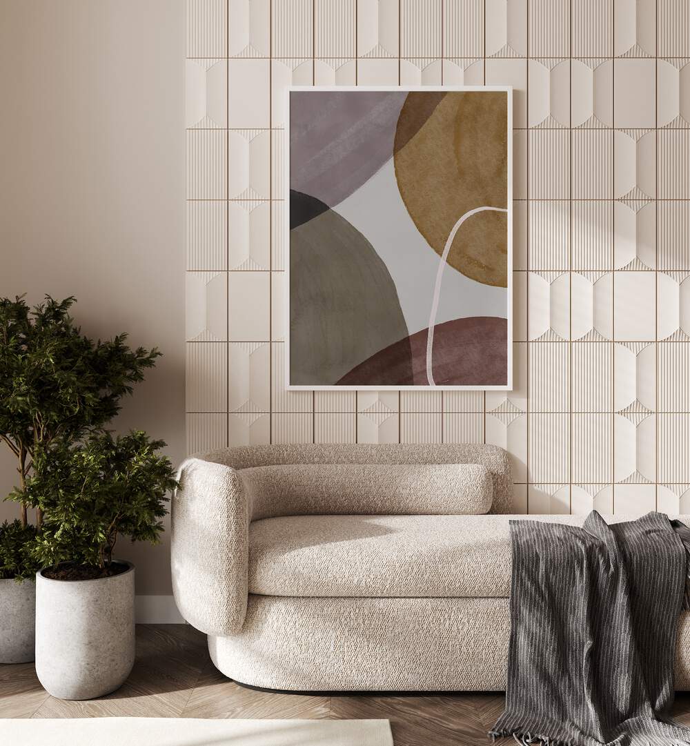 Pieces In Motion By Mareike Bohmer Abstract Art Abstract Paintings in White Plain Frame placed on a Beige Colored Tiled Wall near a Beige Sofa in the Living Room