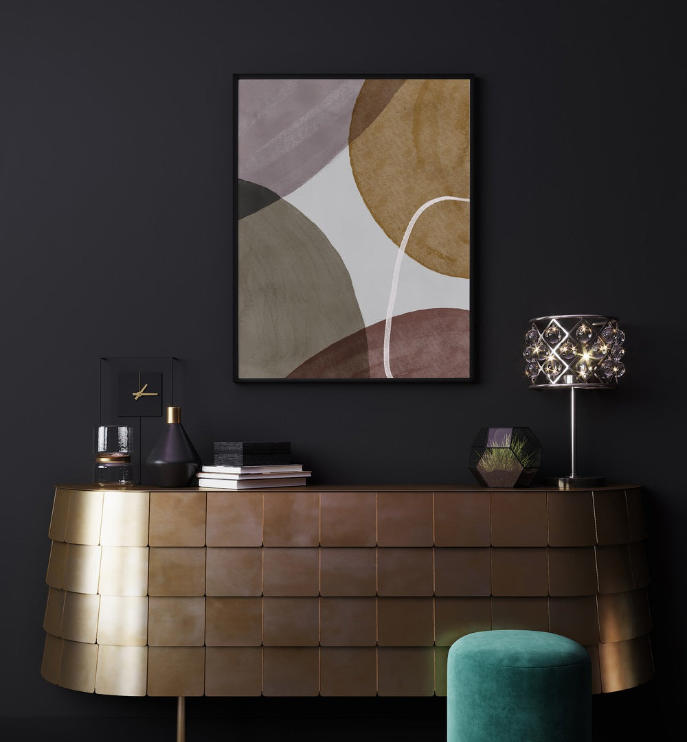 Pieces In Motion By Mareike Bohmer Abstract Art Abstract Paintings in Black Plain Frame placed on a Dark Grey Colored Wall above a Console Table in the Drawing Room