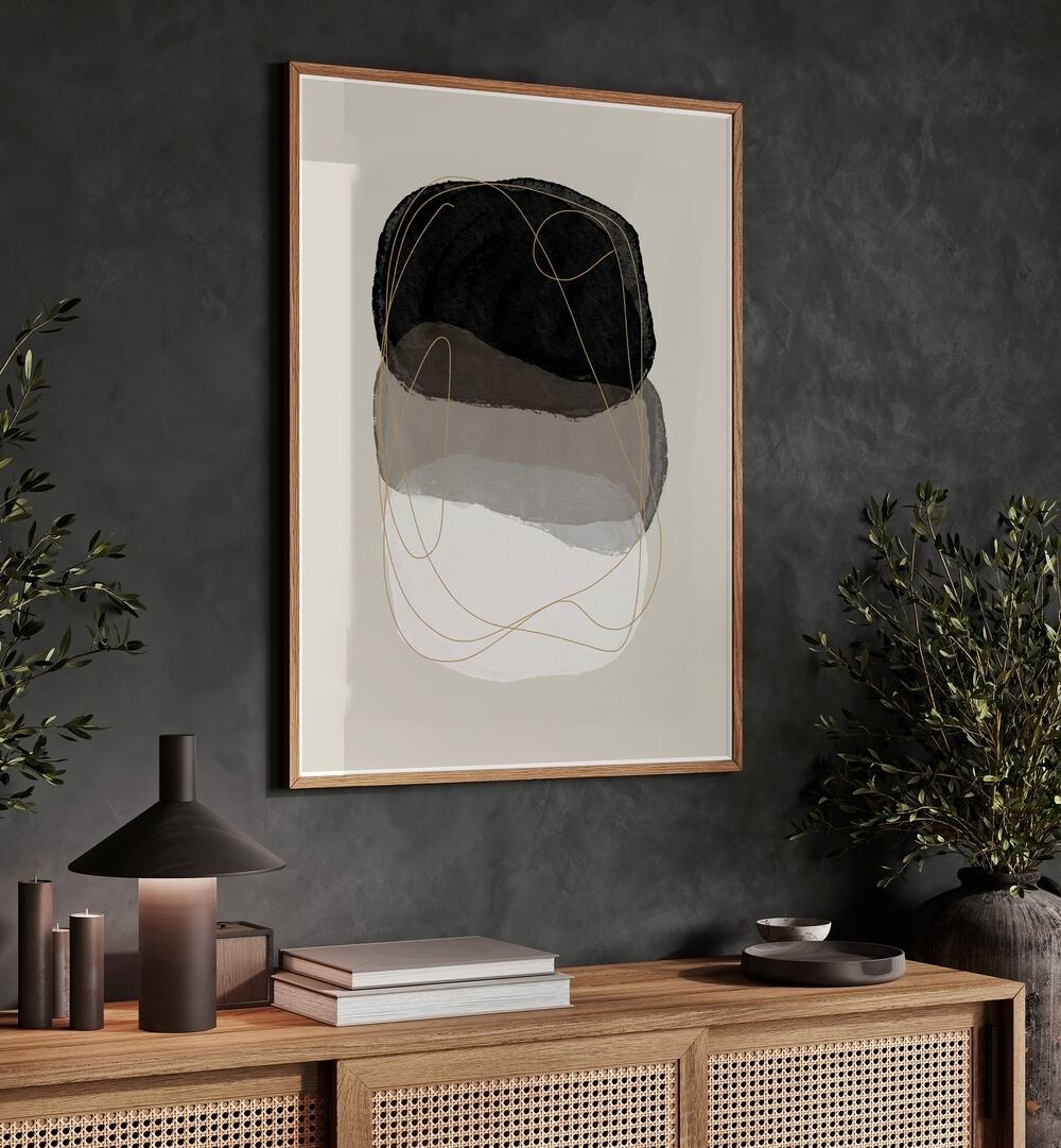 Pieces In Transition By Mareike Bohmer Abstract Art Abstract Paintings in Oak Wood Plain Frame placed on a Dark Grey Colored Wall above a Console Table 