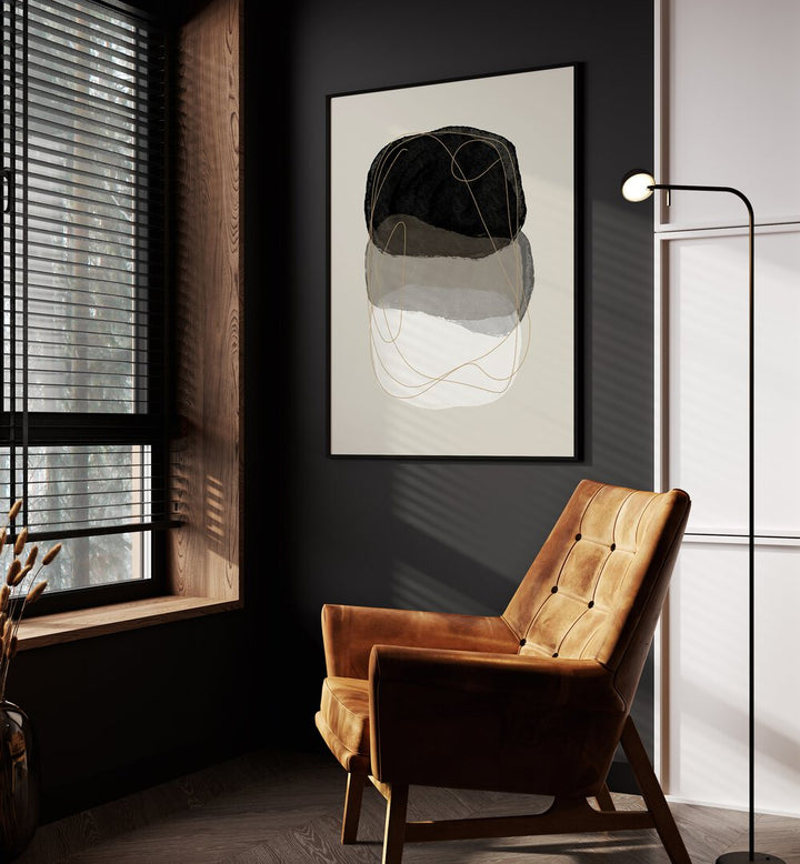 Pieces In Transition By Mareike Bohmer Abstract Art Abstract Paintings in Black Plain Frame placed on a Dark Grey Colored Wall in the Drawing Room