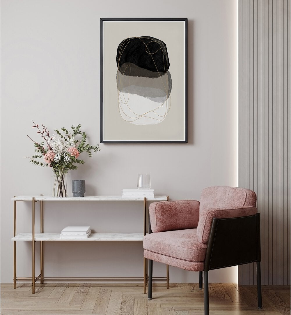 Pieces In Transition By Mareike Bohmer Abstract Art Abstract Paintings in Black Plain Frame placed on a Cream Colored Wall above a Console Table in the Drawing Room