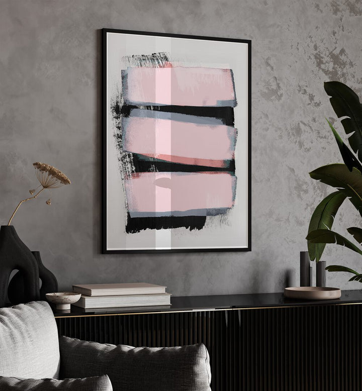 Pieces Of A Dream By Mareike Bohmer Abstract Art Abstract Paintings in Black Plain Frame placed on a Dark Grey Colored Wall above a Console Table in the Living Room