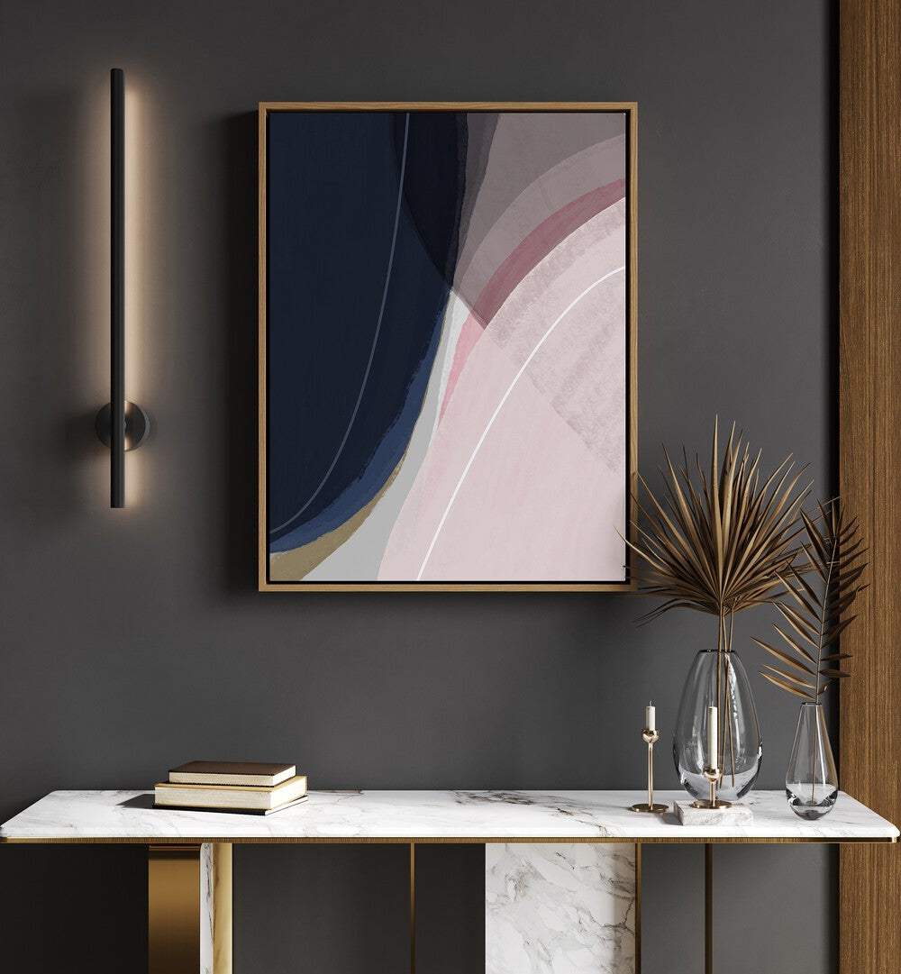 Pieces Of The Cosmos By Mareike Bohmer Abstract Art Abstract Paintings in Oak Wood Floater Frame placed on a Dark Grey Colored Wall above a Console Table in the Living Room