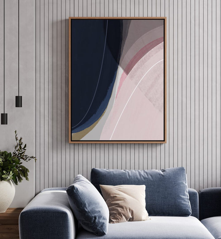 Pieces Of The Cosmos By Mareike Bohmer Abstract Art Abstract Paintings in Oak Wood Floater Frame placed on a White Colored Wall near a Blue Sofa in the Living Room 