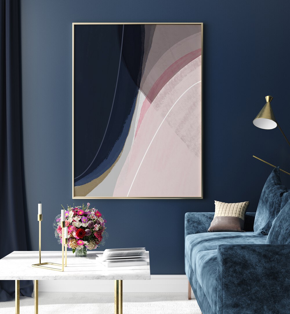 Pieces Of The Cosmos By Mareike Bohmer Abstract Art Abstract Paintings in Gold Plain Frame placed on a Blue Colored Wall near a Blue Sofa in the Living Room