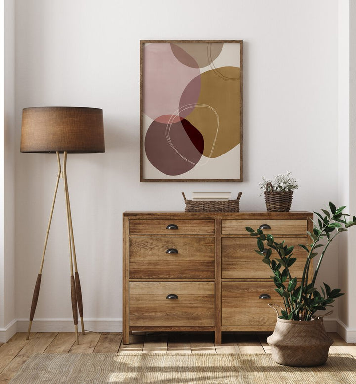 Pieces Of Time By Mareike Bohmer Abstract Art Abstract Paintings in Dark Wood Plain Frame placed on a White Colored Wall above an Oak Wood  Console Table in the Drawing Room