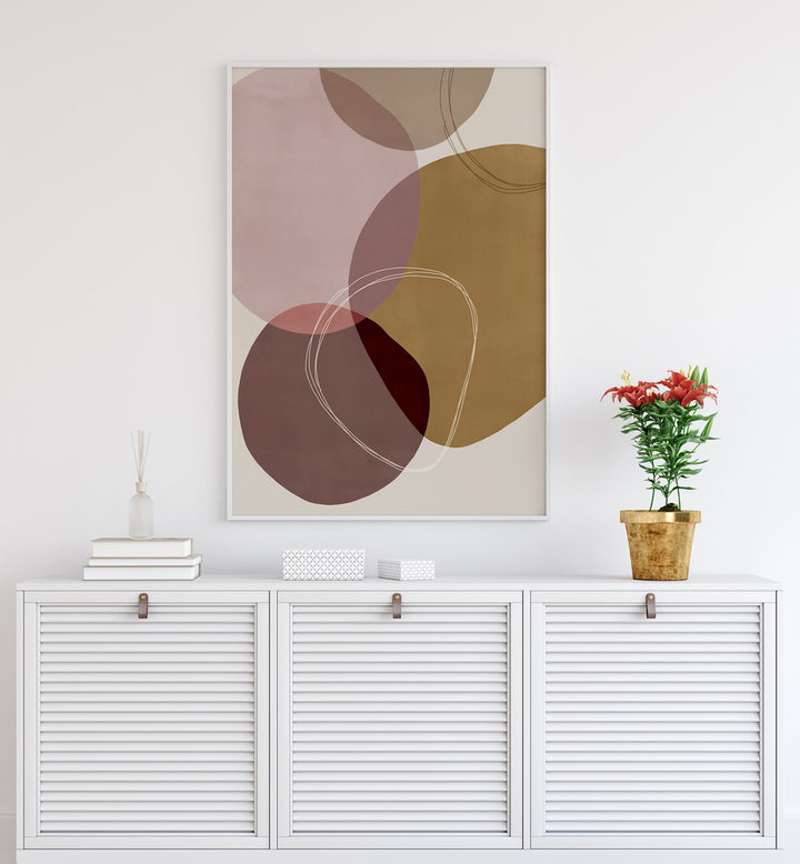 Pieces Of Time By Mareike Bohmer Abstract Art Abstract Paintings in White Plain Frame placed on a White Colored Wall above a White Console Table in the Drawing Room