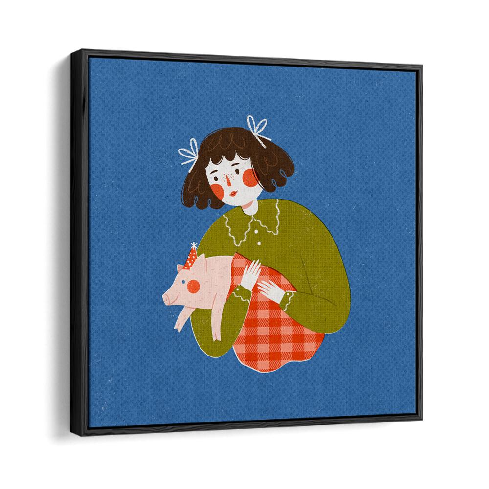 Piggie in the Blanket By Julia Leister Kids Room Art in Black Floater Frame