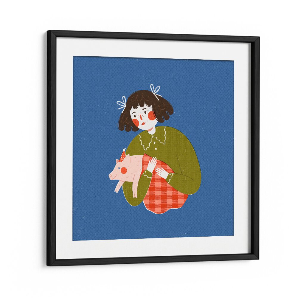 Piggie in the Blanket By Julia Leister Kids Room Art in Black Frame With Mount