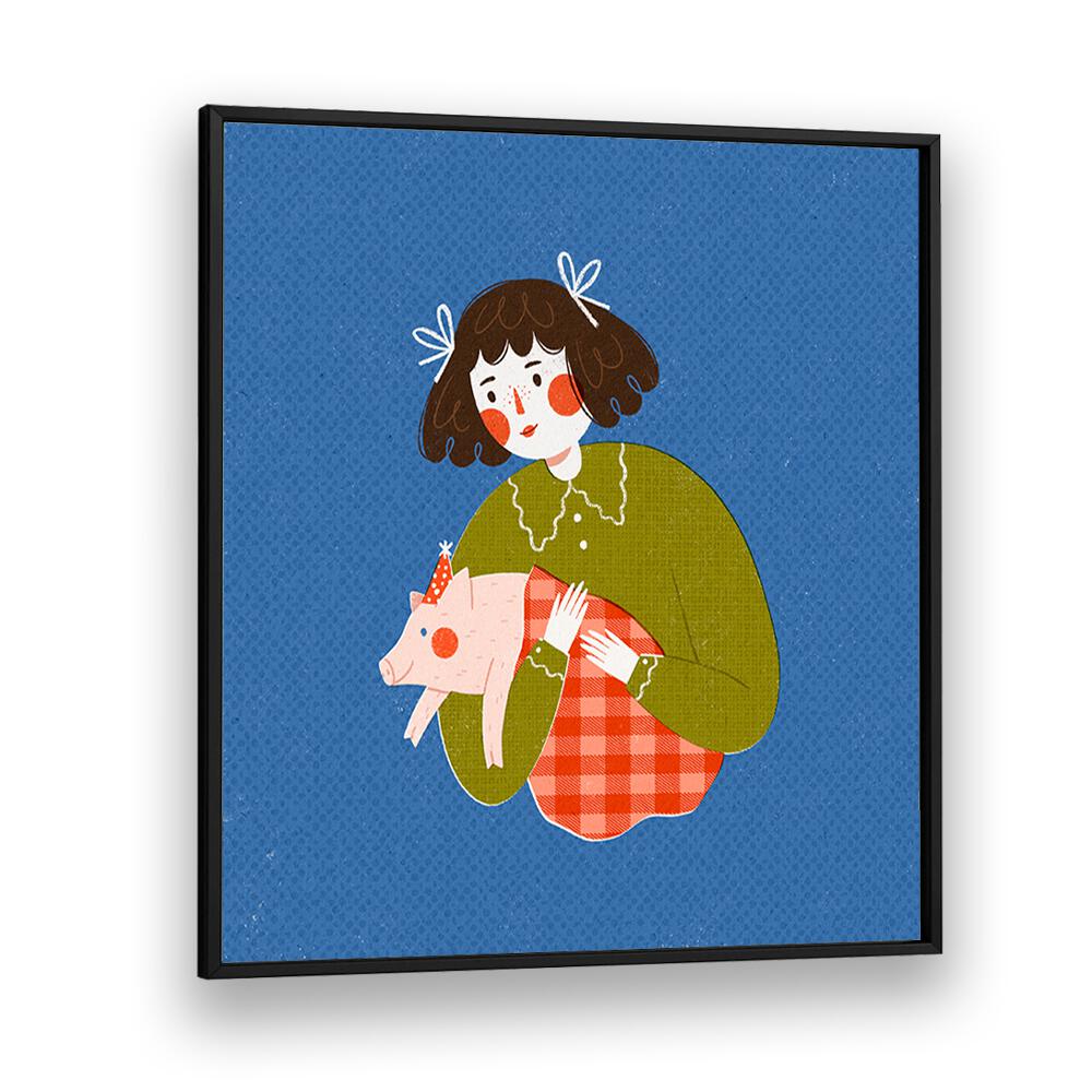 Piggie in the Blanket By Julia Leister Kids Room Art in Black Plain Frame