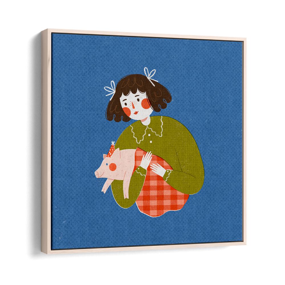 Piggie in the Blanket By Julia Leister Kids Room Art in Oak Wood Floater Frame