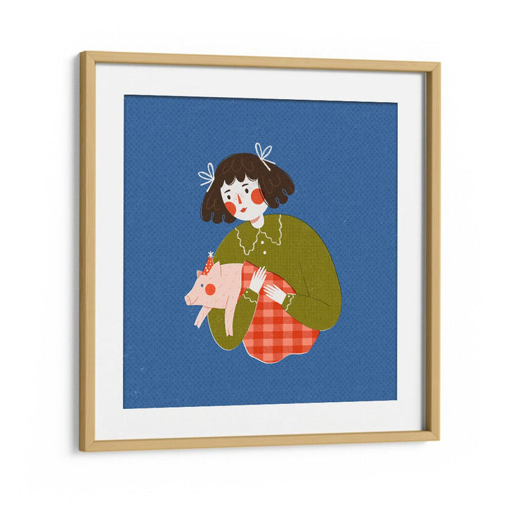 Piggie in the Blanket By Julia Leister Kids Room Art in Oak Wood Frame With Mount