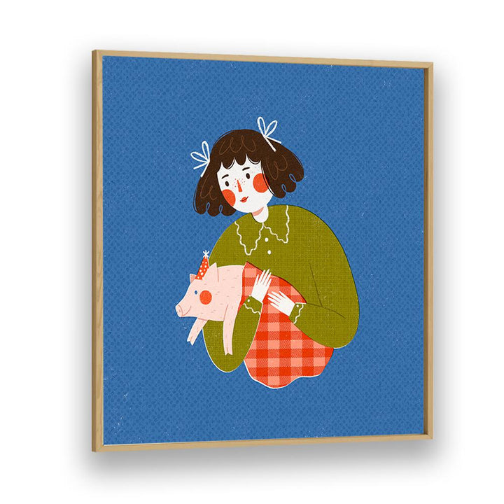 Piggie in the Blanket By Julia Leister Kids Room Art in Oak Wood Plain Frame