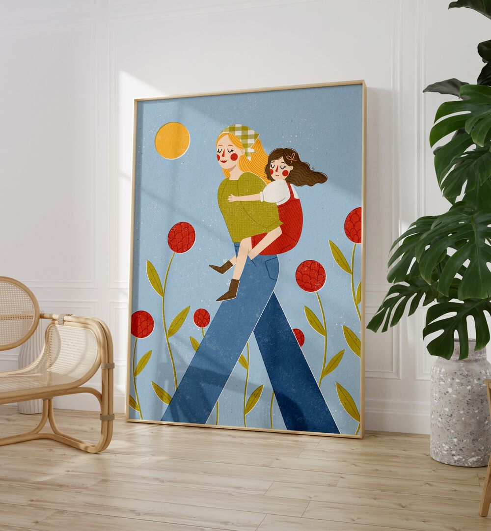 Piggy Back by Julia Leister Kids Paintings in Oak Wood Plain Frame on a floor beside a plant