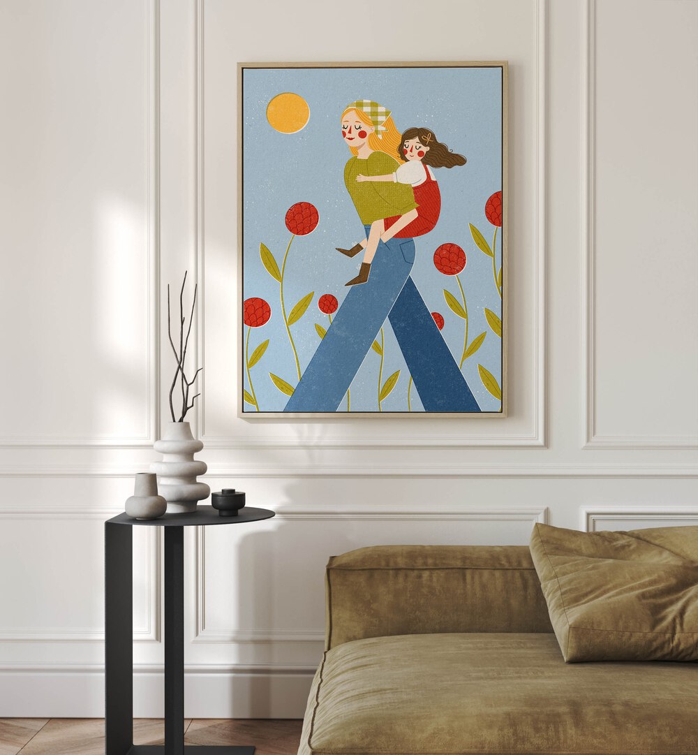 Piggy Back by Julia Leister Kids Paintings in Oak Wood Floater Frame on a white wall behind a sofa