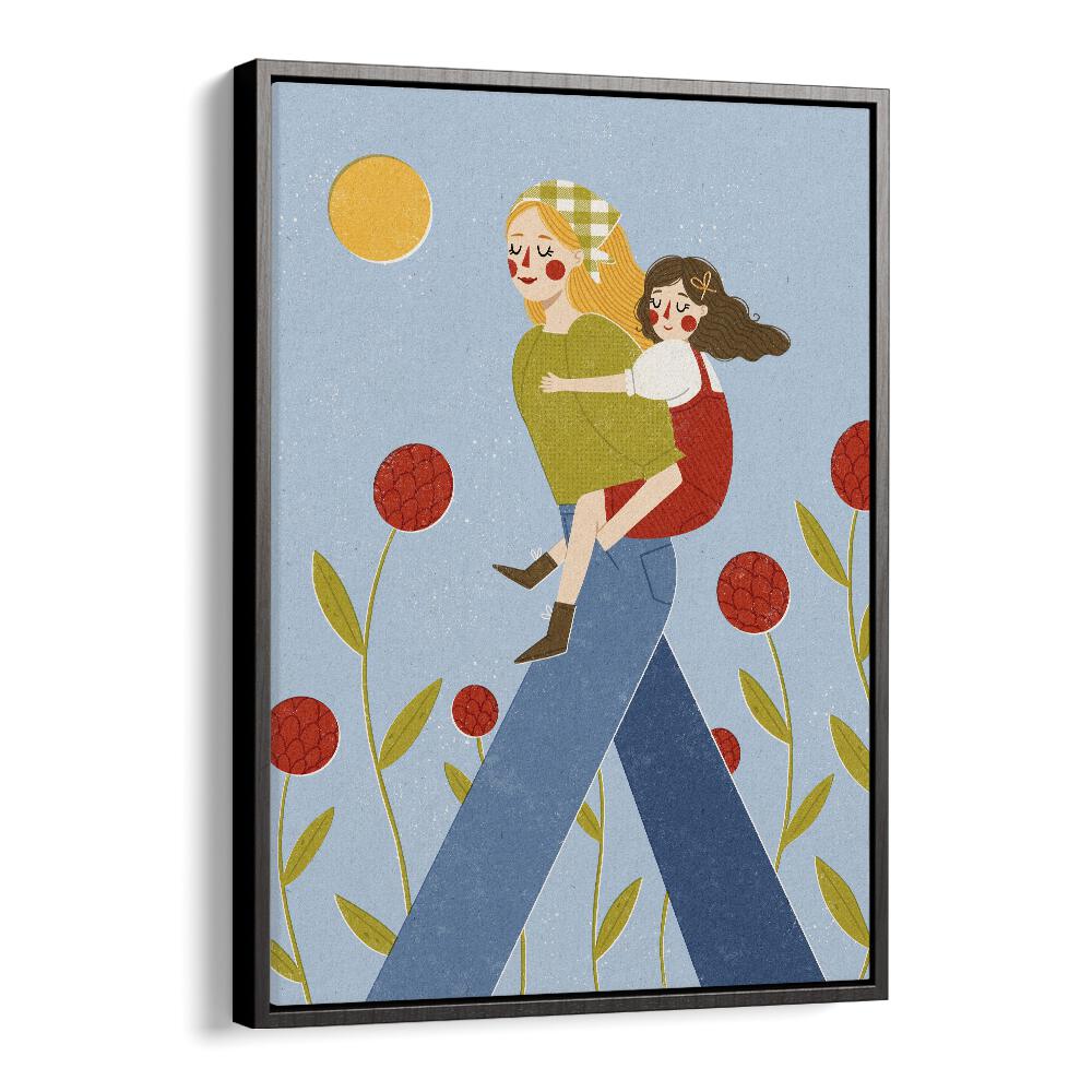 Piggy Back by Julia Leister Kids Paintings in Black Floater Frame