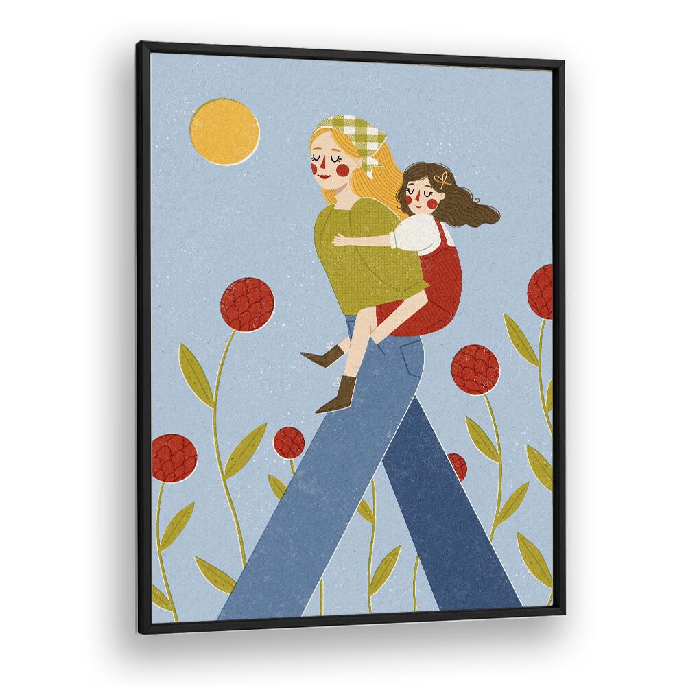 Piggy Back by Julia Leister Kids Paintings in Black Plain Frame