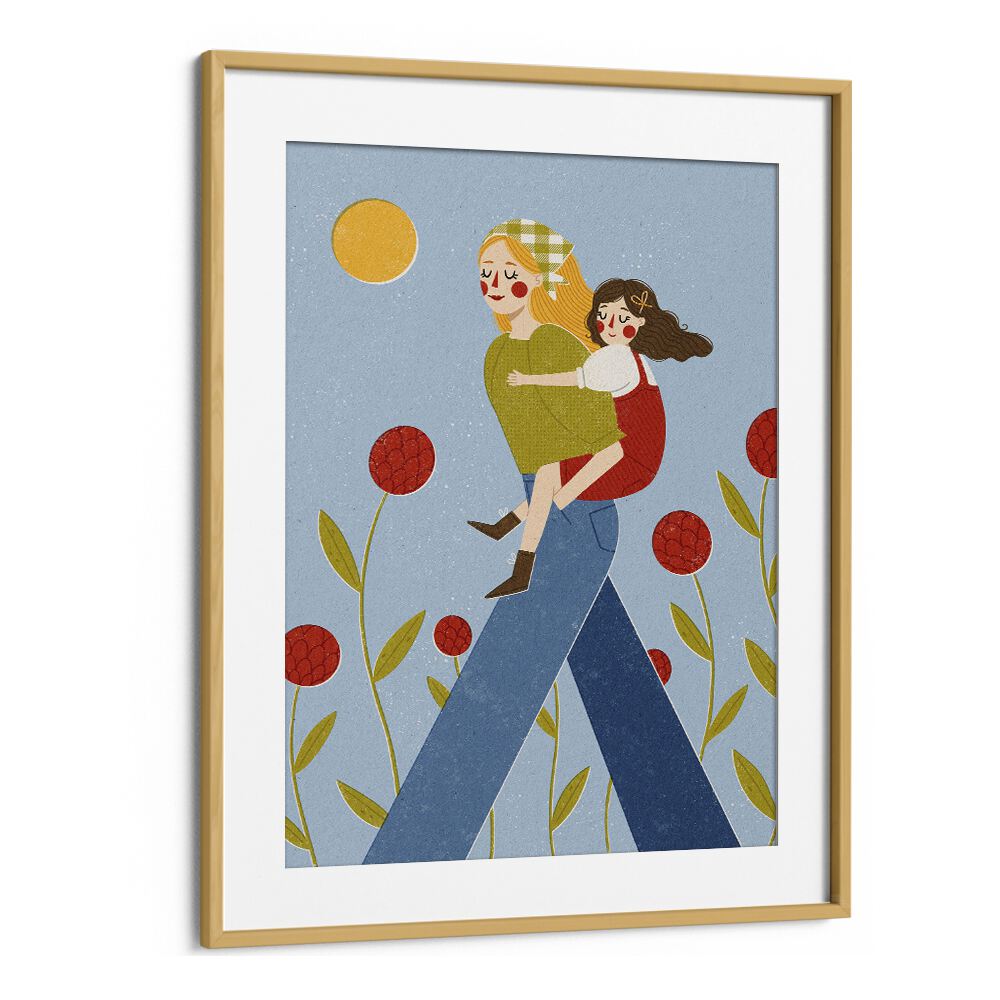 Piggy Back by Julia Leister Kids Paintings in Oak Wood Frame With Mount