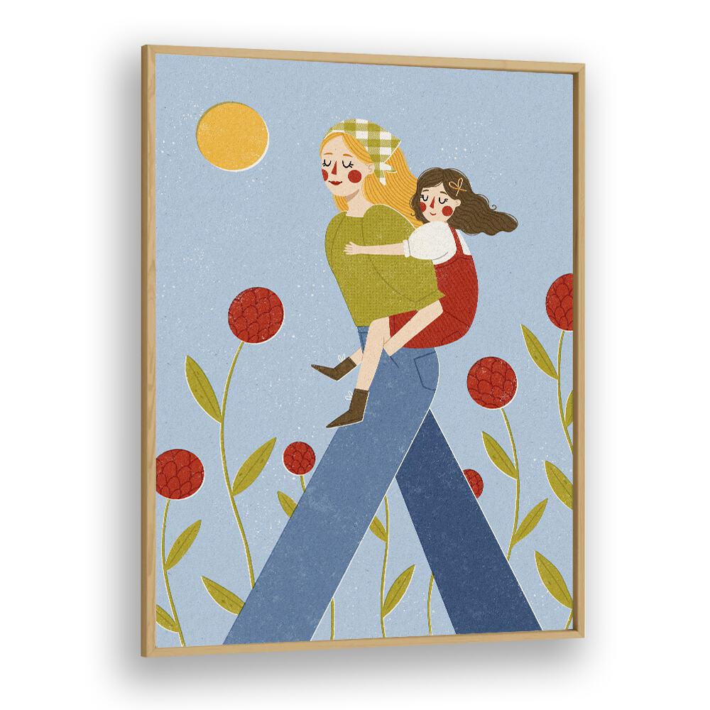 Piggy Back by Julia Leister Kids Paintings in Oak Wood Plain Frame