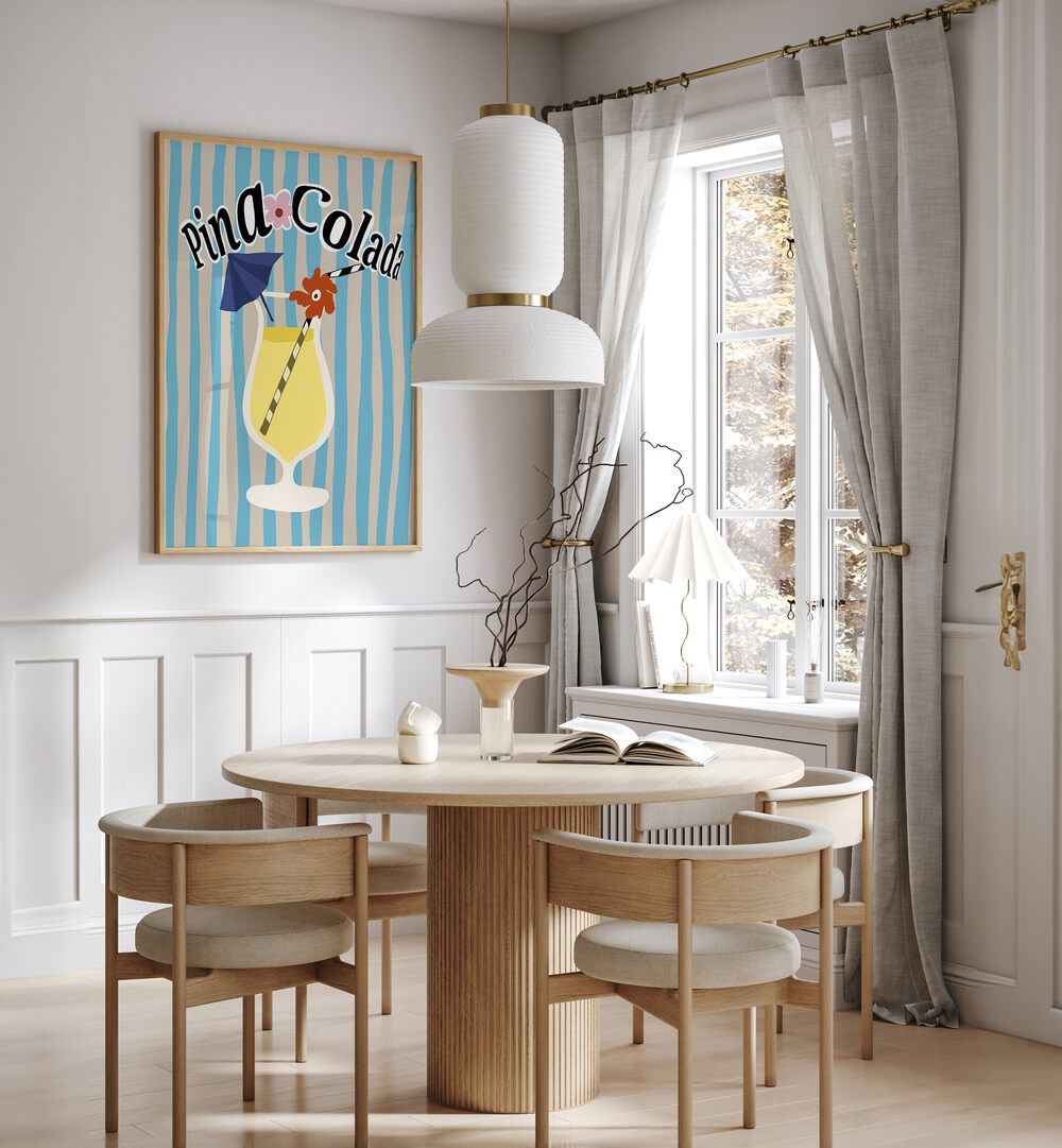 Pina Colada By Miho Art Studio Bar Posters Bar Art Prints in Oak Wood Plain Frame placed on a White Colored Wall near a Coffee Table in the Dining Room