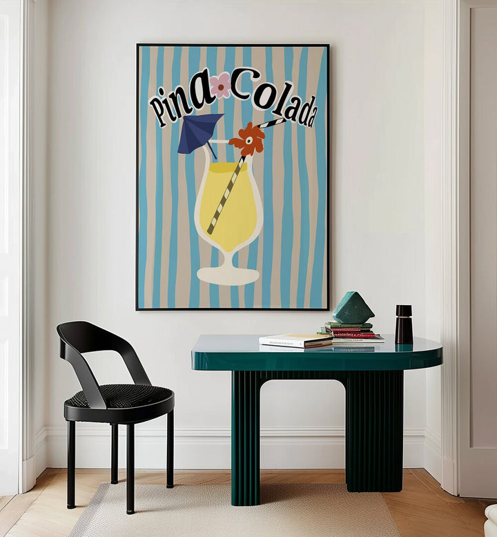 Pina Colada By Miho Art Studio Bar Posters Bar Art Prints in Black Plain Frame placed on a Cream Colored Wall near a Table in a Workspace in the Drawing Room