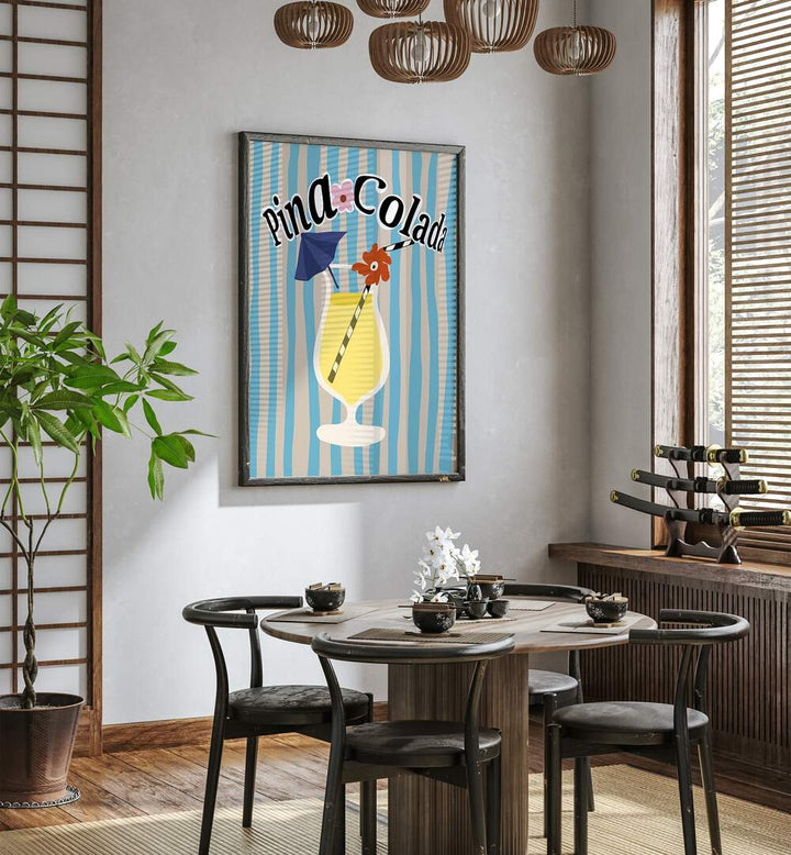 Pina Colada By Miho Art Studio Bar Posters Bar Art Prints in Dark Wood Plain Frame placed on a White Colored Wall near a Coffee Table in the Dining Room