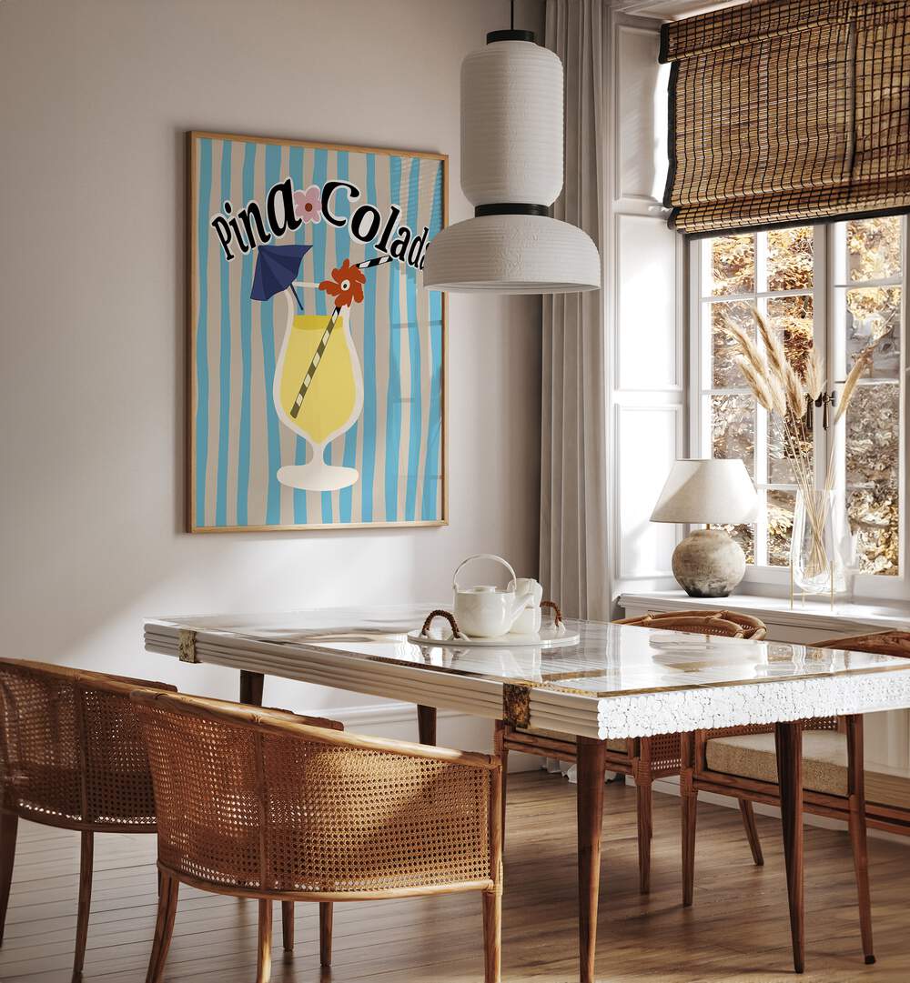 Pina Colada By Miho Art Studio Bar Posters Bar Art Prints in Oak Wood Plain Frame placed on a White Colored Wall near a Dining Table in the Dining Room