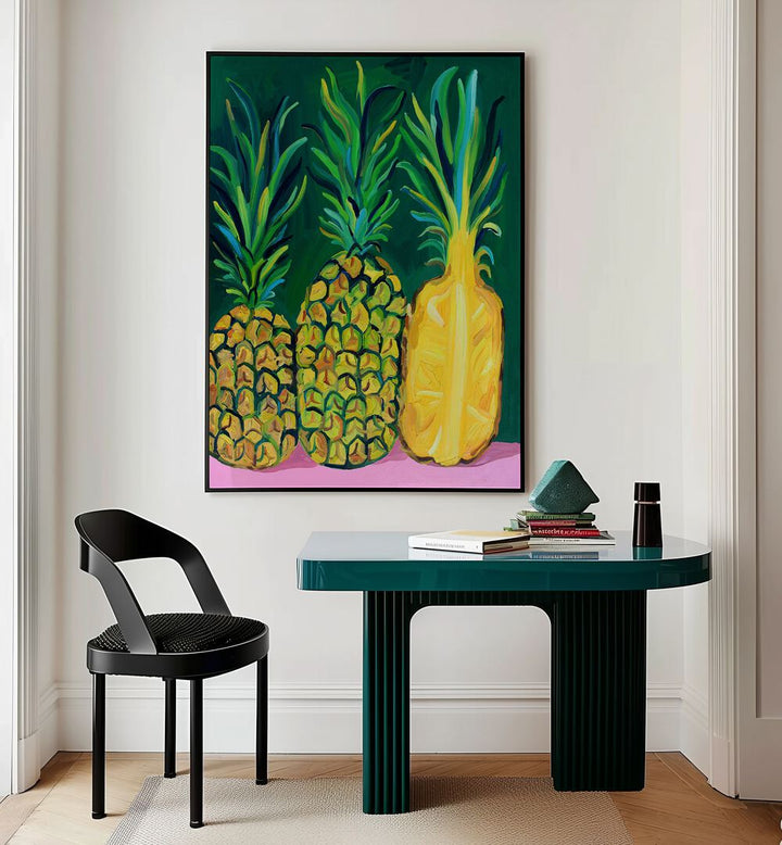 Pineapples  By Alice Straker Cafe Art Prints Cafe Posters in Black Plain Frame placed on a Cream Colored Wall near a Table in a Workspace in the Drawing Room