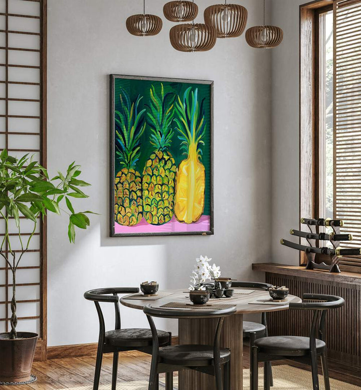 Pineapples By Alice Straker Cafe Art Prints Cafe Posters in Dark Wood Plain Frame placed on a White Colored Wall near a Coffee Table in the Dining Room