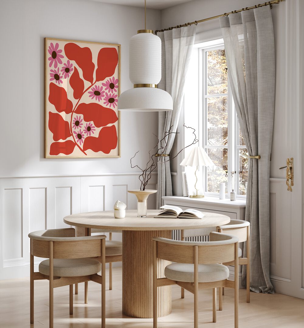 Pink And Nature By Miho Art Studio Botanical Art Prints Floral Paintings in Oak Wood Plain Frame placed on a White Colored Wall near a Coffee Table in the Dining Room