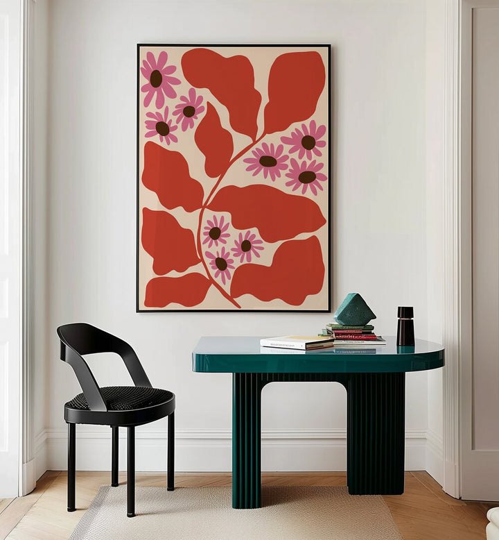 Pink And Nature By Miho Art Studio Botanical Art Prints Floral Paintings in Black Plain Frame placed on a Cream Colored Wall near a Table in a Workspace in the Drawing Room