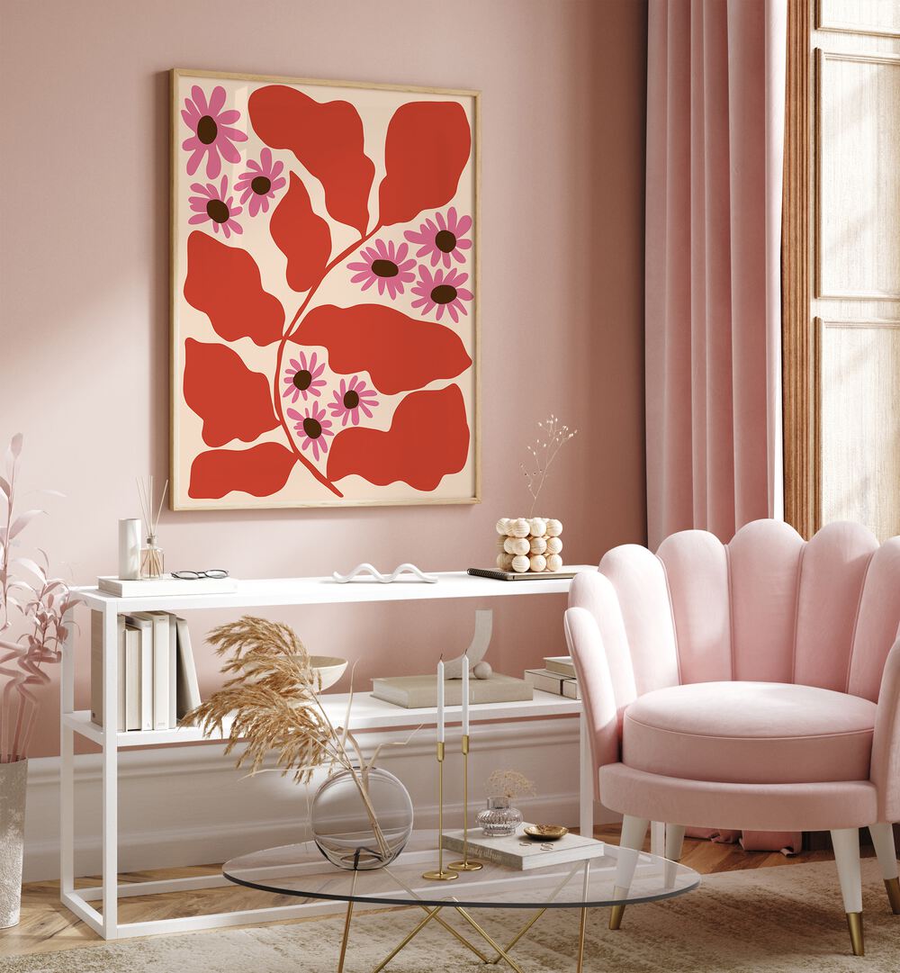 Pink And Nature By Miho Art Studio Botanical Art Prints Floral Paintings in Oak Wood Plain Frame placed on a Pink Colored Wall above a Console Table in the Drawing Room