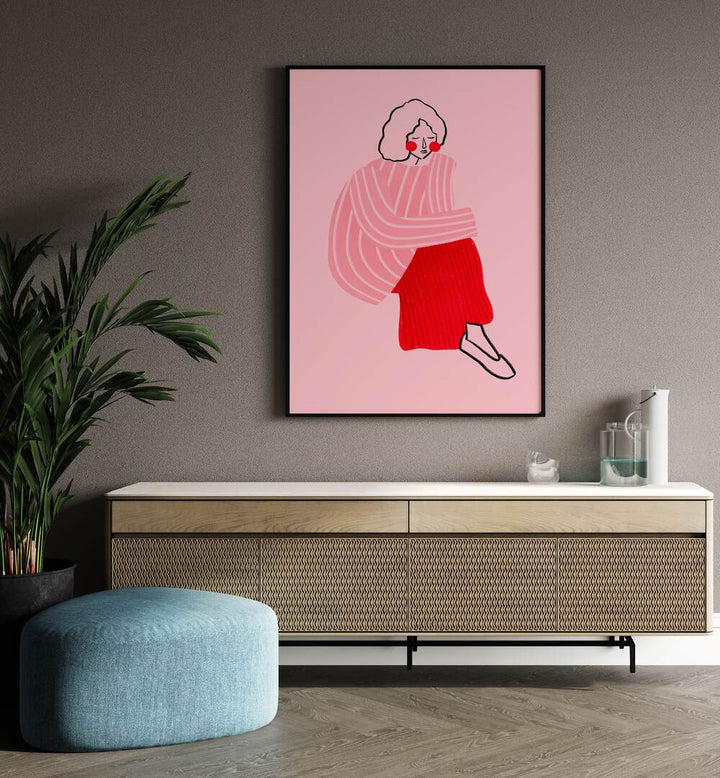 Pink And Red Line Lady By Bea Muller Women Illustration Paintings in Black Plain Frame on a wall above a console table beside a plant