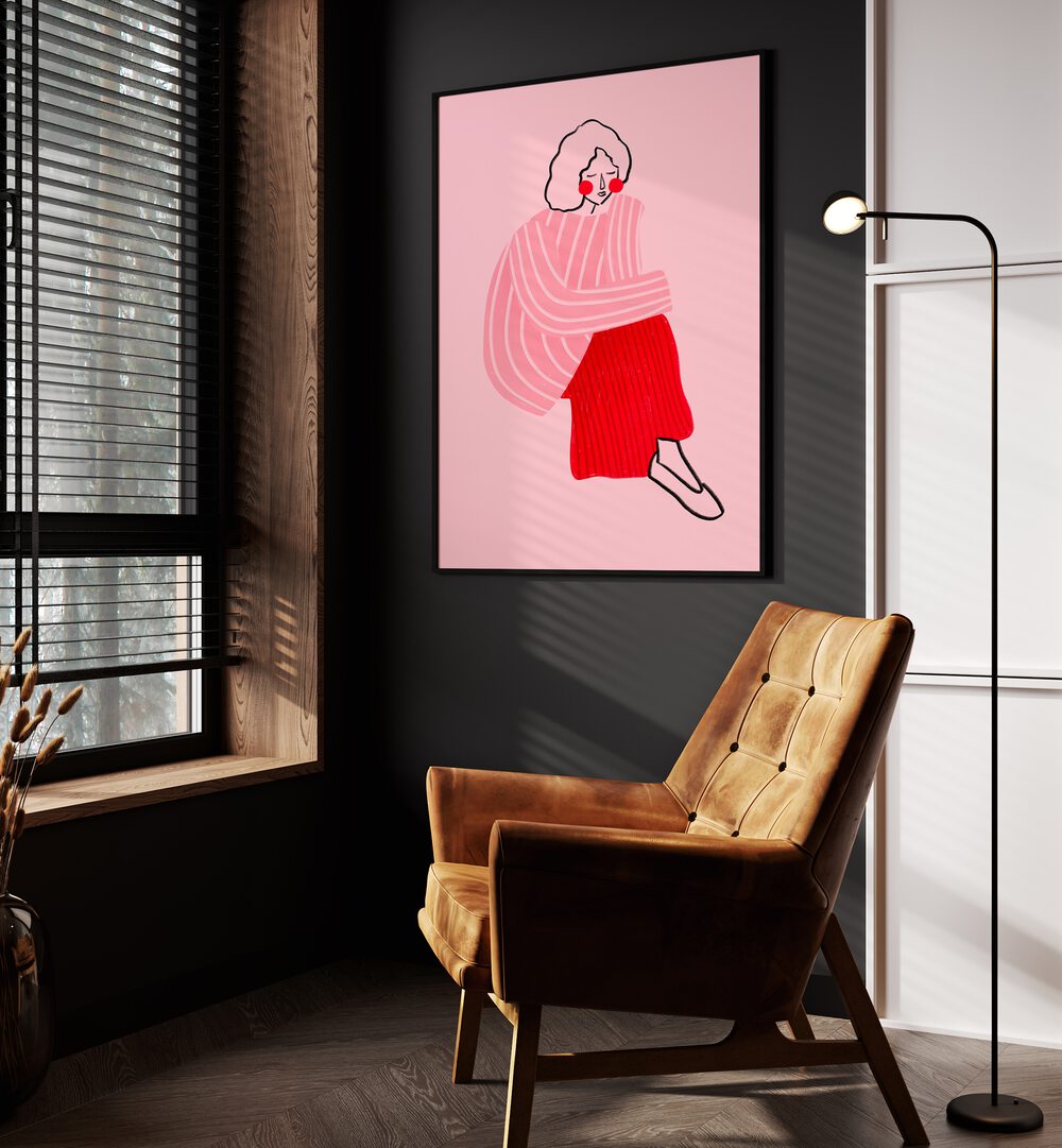 Pink And Red Line Lady By Bea Muller Women Illustration Paintings in Black Plain Frame on 
a wall beside an orange sofa