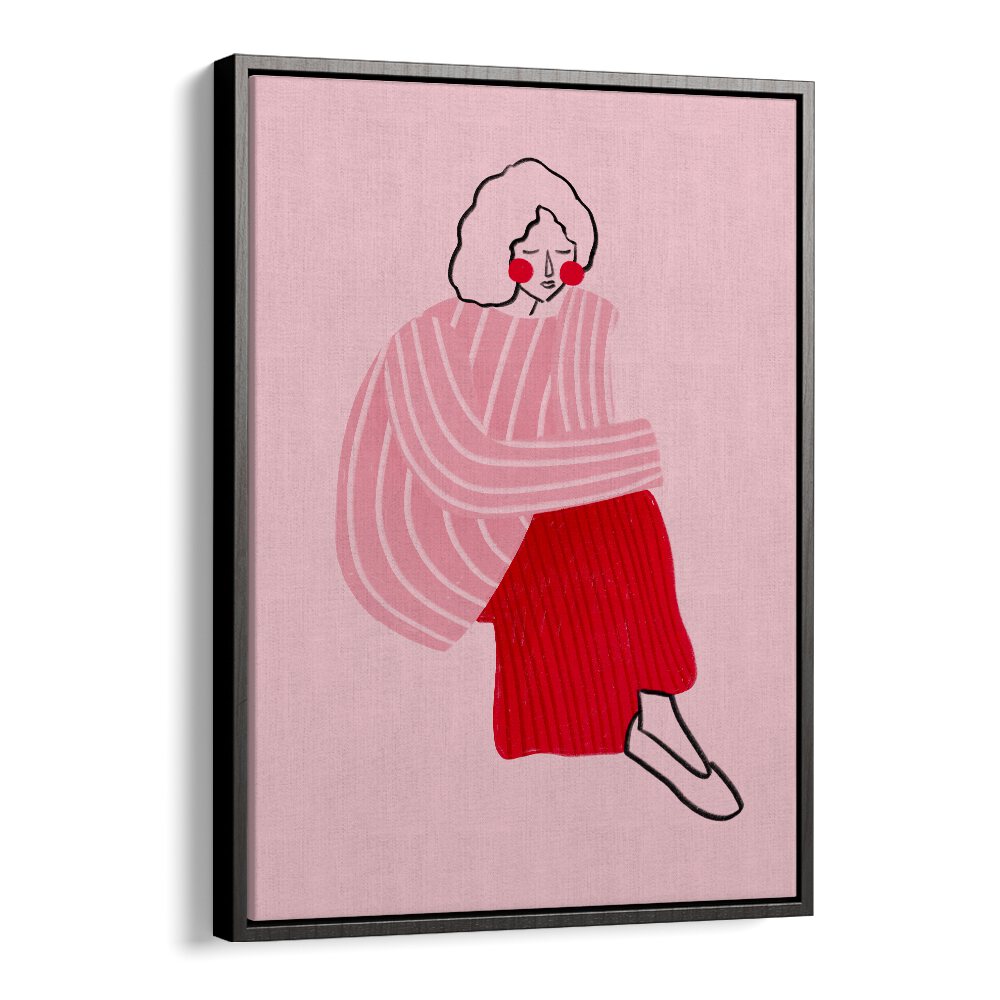 Pink And Red Line Lady By Bea Muller Women Illustration Paintings in Black Floater Frame