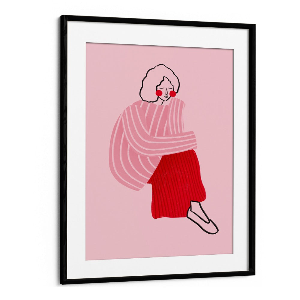 Pink And Red Line Lady By Bea Muller Women Illustration Paintings in Black Frame With Mount