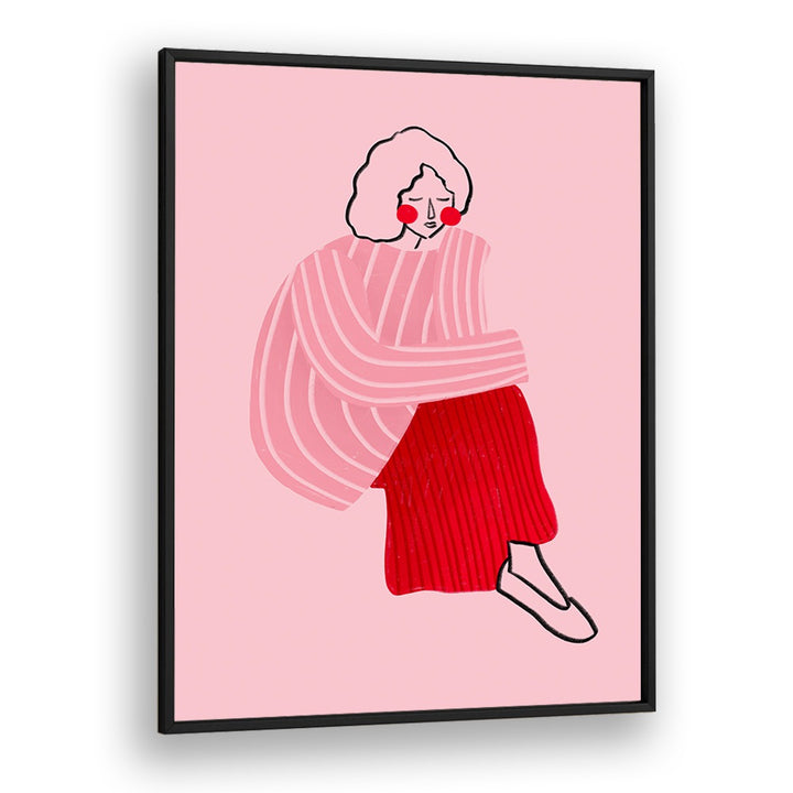 Pink And Red Line Lady By Bea Muller Women Illustration Paintings in Black Plain Frame