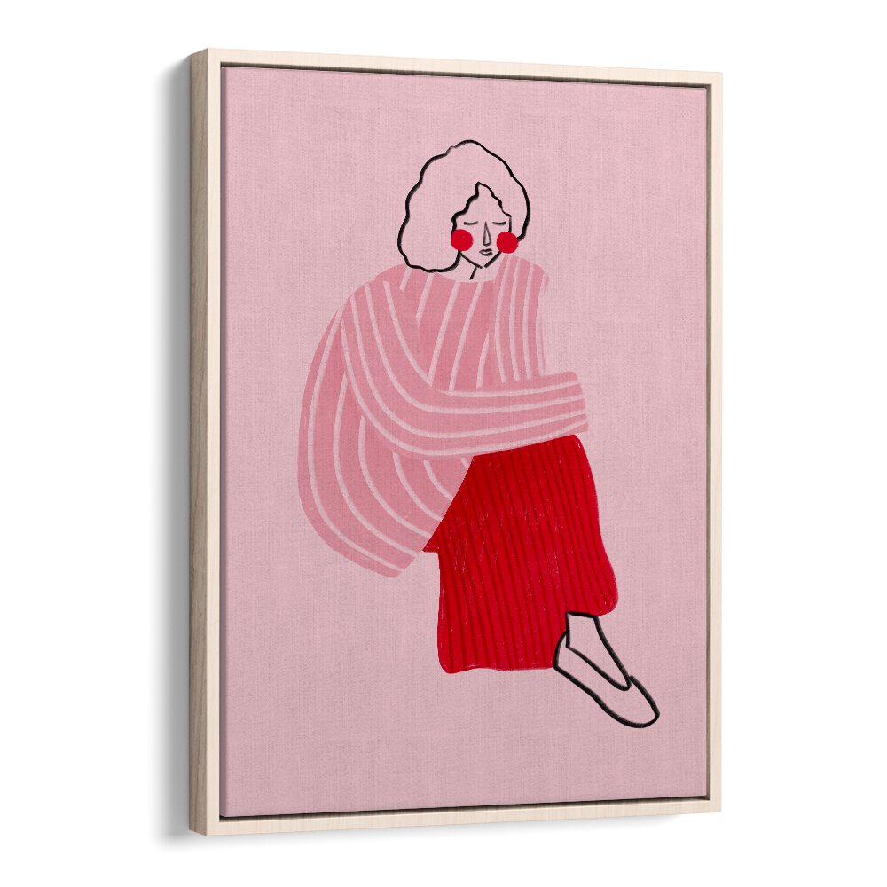 Pink And Red Line Lady By Bea Muller Women Illustration Paintings in Oak Wood Floater Frame