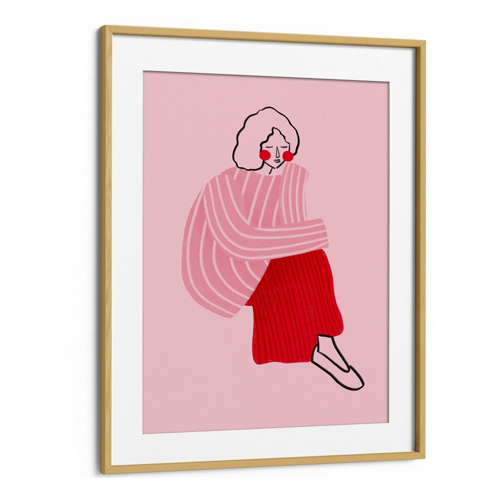 Pink And Red Line Lady By Bea Muller Women Illustration Paintings in Oak Wood Frame With Mount