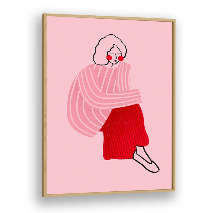 Pink And Red Line Lady By Bea Muller Women Illustration Paintings in Oak Wood Plain Frame