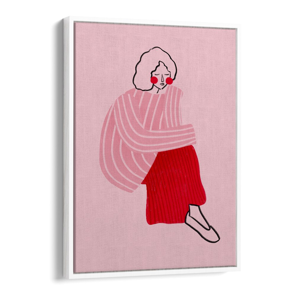 Pink And Red Line Lady By Bea Muller Women Illustration Paintings in White Floater Frame