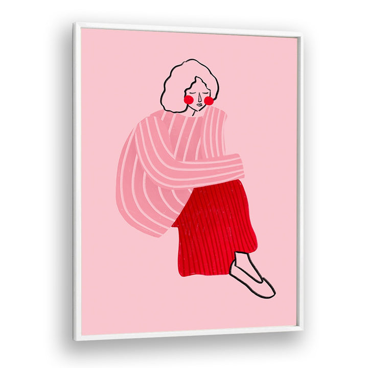 Pink And Red Line Lady By Bea Muller Women Illustration Paintings in White Plain Frame