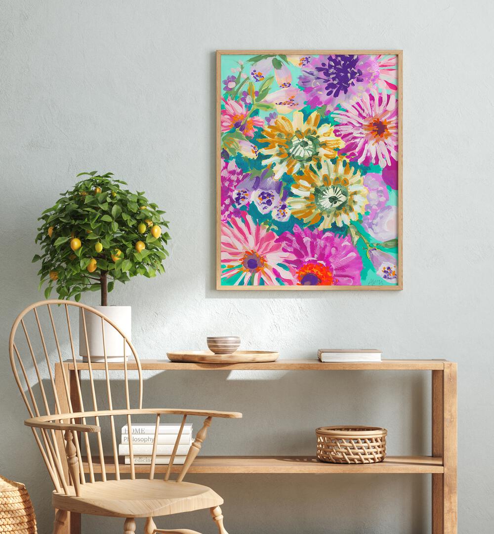 Pink Asters By Ania Zwara Botanical Art Prints Floral Paintings in Oak Wood Plain Frame placed on a White Colored Wall above a Shelf in the Drawing Room